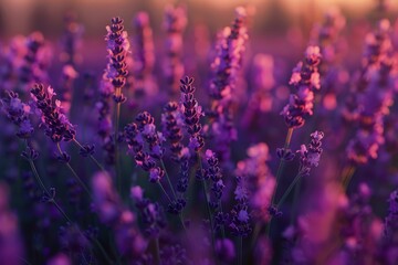 Obraz premium A serene scene of lavender fields at sunset, with the purple flowers glowing in the soft evening light