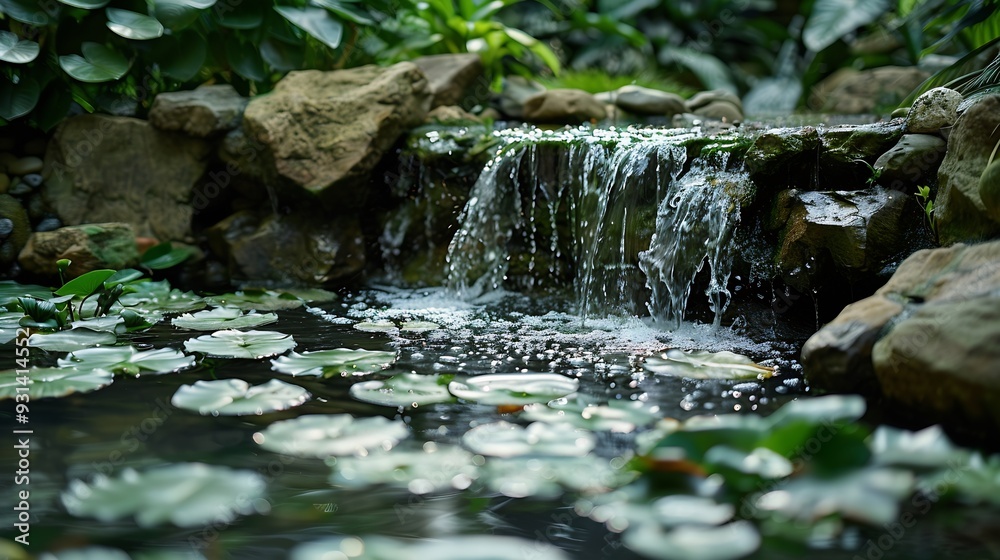 Poster green cozy garden with a small waterfall and rocks and structures in the pond : generative ai