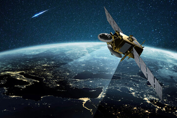 Amazing beautiful blue planet earth with satellite view from space. Horizon Earth with the lights of night cities. Communication and Telecommunications. Broadcasting. Europe and the Middle East