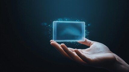 A holographic digital wallet hovering above a hand, symbolizing modern financial technology, Holographic wallet hand, Next-gen finance