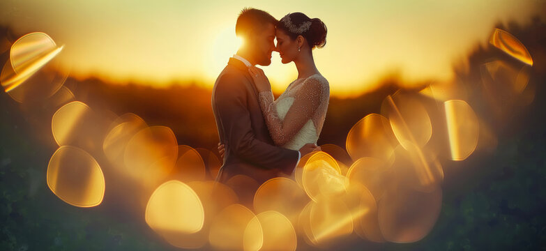 Bride and groom at the wedding. Bride and groom with heart shaped bokeh