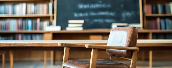 Fototapeta premium Classroom setting with an empty teacher s chair, chalkboard and books in the background, representing dedication, no people, World Teachers Day, education scene