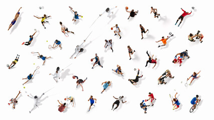 Collage. Multiple athletes, men and women of different sports in motion during training and competition session isolated on white background. Sport, diversity, competition, games, tournament concept