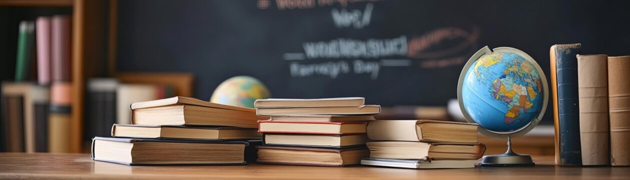 Closeup of a teacher s desk with a stack of books, a globe, and a chalkboard in the background, symbolic of education, no people, World Teachers Day, teacher s desk