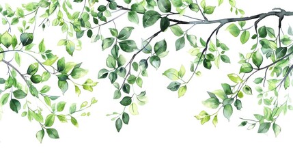 Obraz premium Watercolor leaves branch illustration on a white background, showcasing various shades of green foliage, ideal for nature themed designs