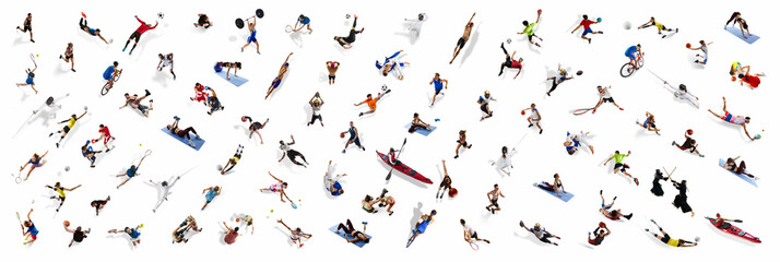 Collage. Multiple athletes, top view of men and women of different sports in motion playing,...