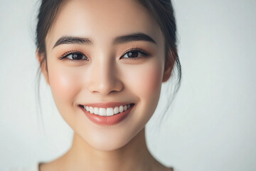 Naklejka premium Asian woman positive smile on white background, beauty positive smile
