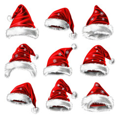 set collection of red Santa hats on white background
