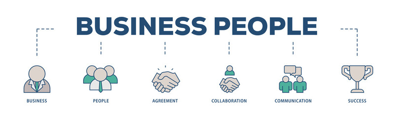 Business people icons process structure web banner illustration of business, people, agreement, collaboration, communication and success icon png transparent background.