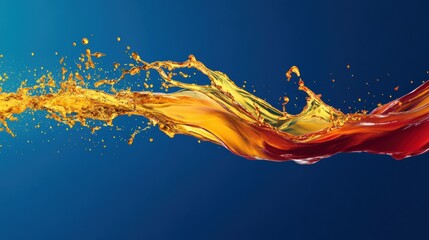 A vibrant splash of liquid in warm colors against a blue background.