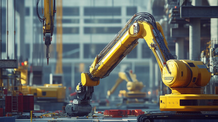 AI-powered autonomous construction site with robots building infrastructure, featuring advanced robotic machinery, intelligent systems, and real-time data processing to efficiently construct buildings