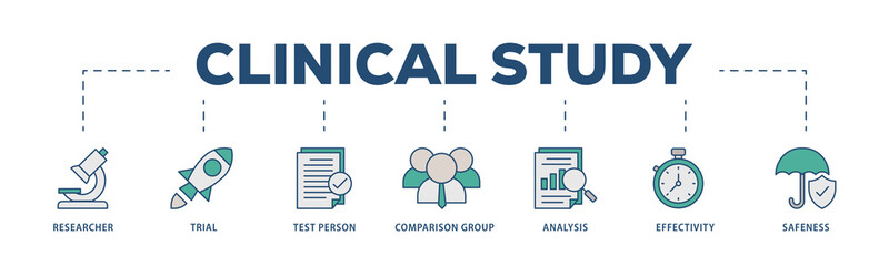 Clinical study icons process structure web banner illustration of researcher, trial, test person, comparison group, analysis, effectivity, and safeness icon png transparent background.