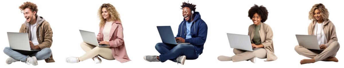 Diverse people using laptops png cut out element set