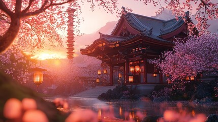 Fototapeta premium Cherry blossoms bloom near a traditional Asian temple at dusk with lanterns illuminating the scene