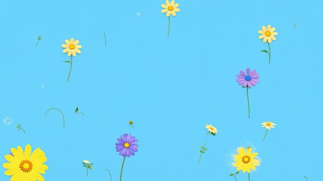 Colorful floral pattern with daisies on bright blue background