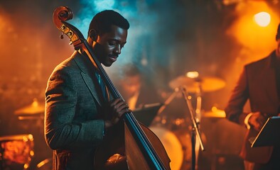 Fototapeta premium photo of a black jazz musician playing double bass in a jazz club background with a jazz band.