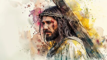 A mesmerizing painting of a man wearing a crown of thorns and carrying a wooden cross; vibrant brushstrokes convey the emotional gravity and deep suffering.