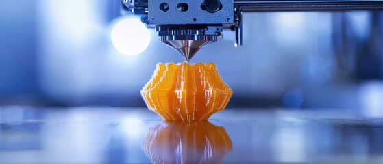 An orange 3D printer in action