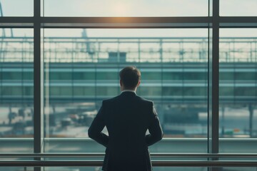 Fototapeta premium A man in a suit is looking out the window of an airplane. He is deep in thought, possibly contemplating his next business move or reflecting on his life. Concept of contemplation and introspection