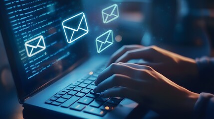 Hands typing on a keyboard, holographic email notifications popping up, cool blue ambient light, sleek modern office, efficient and productive mood