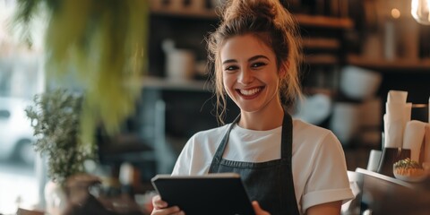 A woman is smiling and holding a tablet in front of her. She is wearing an apron and she is a waitress or a server at a restaurant