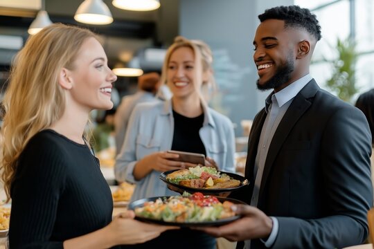 A group of people are smiling and laughing while holding plates of food. The man in the black suit is holding a tray of food and smiling. The atmosphere is friendly and joyful