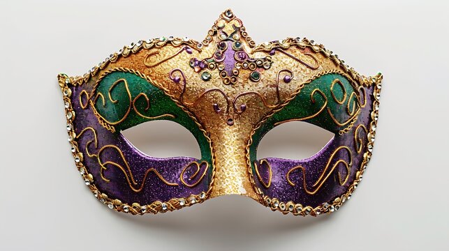 Gold purple and green glittery Mardi gras mask isolated on white background : Generative AI