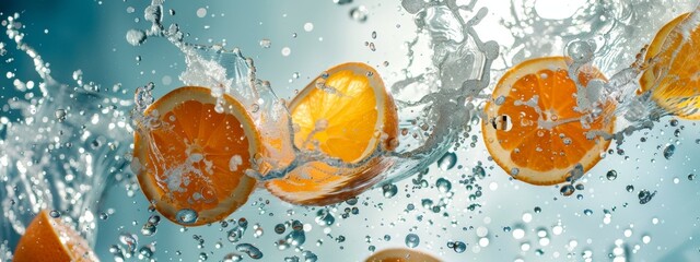 Slices of oranges splashing in water with bubbles
