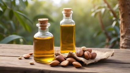 International Day of Argania, a bottle of argan oil and nuts placed on a wooden table in outdoor