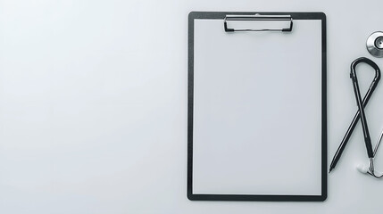 Medical clipboard banner with blank paper and pen, clean white background, copy space for text