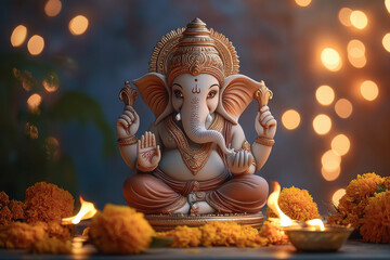 Obraz premium lord ganesha sculpture with flower decoration