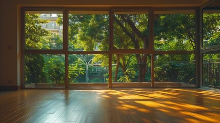 Fototapeta premium an empty living room with wood flooring and large windows looking out onto the trees that line the street outside : Generative AI