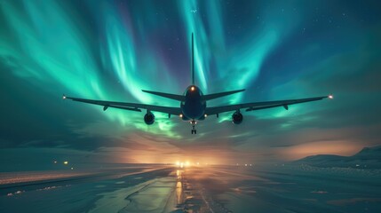 Naklejka premium Airplane Landing Underneath the Northern Lights