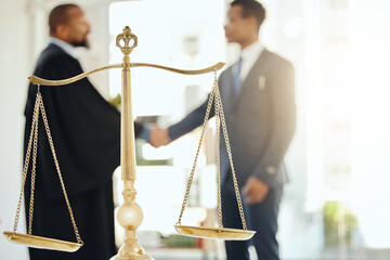 Handshake, legal and scale with judge meeting lawyer in chambers for agreement, deal or welcome....