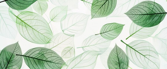 Transparent green leaves arranged on a light background, creating a delicate and airy feeling with soft shadows