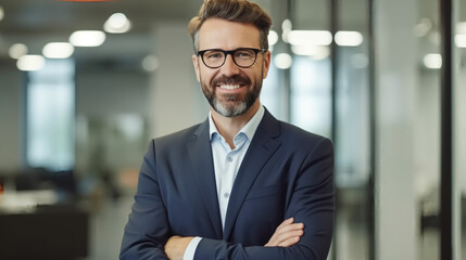 Fototapeta premium A portrait of an attractive businessman in his late thirties, wearing glasses and having short brown hair.