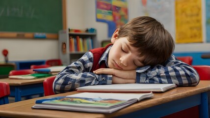 a kid sleeping in the classroom, boy tired and sleeping on his desk 