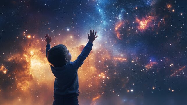 A child stretches their hands towards a stunning night sky filled with galaxies and stars, embodying a sense of wonder and curiosity about the universe