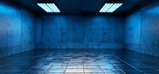 Industrial background. Garage background. Futuristic corridor. Dark empty warehouse. Blue led spotlights on hangar walls with metal tiles. Futuristic warehouse. 3d render.