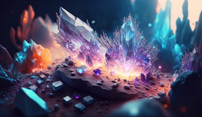 Obraz premium Quirky underwater landscape featuring vibrant coral, sharp crystals, and glowing marine flora at dusk
