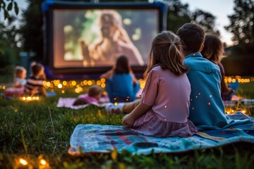 A group of children are sitting on a blanket in a park watching a movie. Scene is lighthearted and fun, as the children are enjoying a movie together in a casual setting