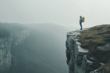 A person is standing on a cliff with a backpack and a yellow jacket. The sky is cloudy and the weather is overcast