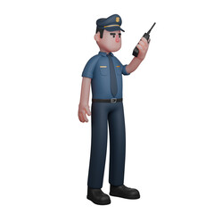 3D Male Police in Station. A policeman uses a walkie-talkie to coordinate or receive information. Cartoon Illustration