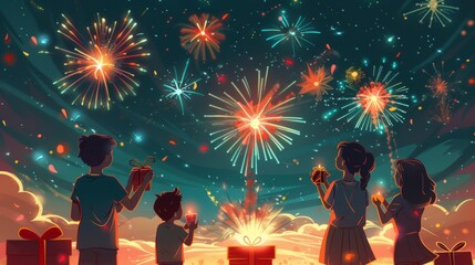 People exchanging sweets and gifts under a sky filled with fireworks cartoon Vector Illustration