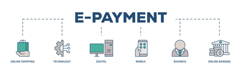 E Payment icons process structure web banner illustration of online shopping, technology, digital, mobile, business and online banking icon png transparent background.