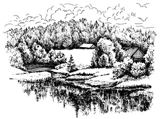 Panorama of countryside landscape with river. Pen sketch converted to vector drawing
