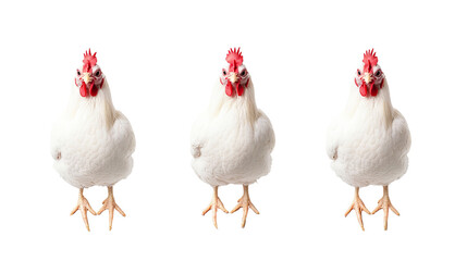 Fototapeta premium Three close-up chickens with white feathers and red combs, showcasing their unique features and distinct personalities.