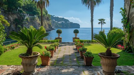 View of the Giardini la Mortella gardens at Ischia Italy : Generative AI