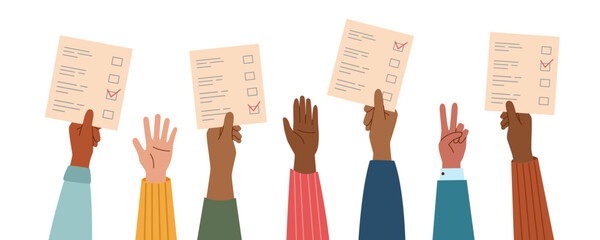 Fototapeta premium Vote ballots in human hands. Election campaign. Democracy vote. Vote politics. Voting concept. Human hands raised up with vote ballots.