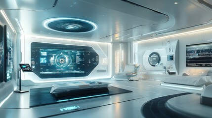 Obraz premium A futuristic 3D rendering of a smart home, featuring advanced technology and sleek design elements.